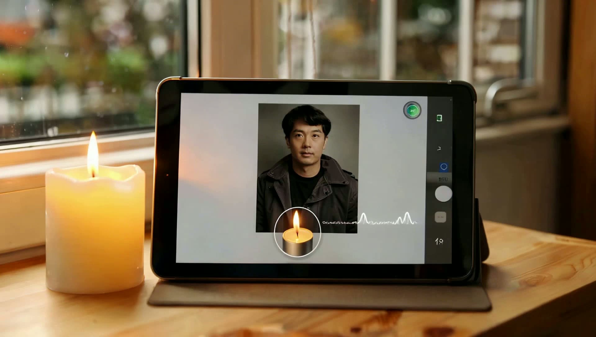 A memorial page glowing softly on a tablet beside a lit candle
