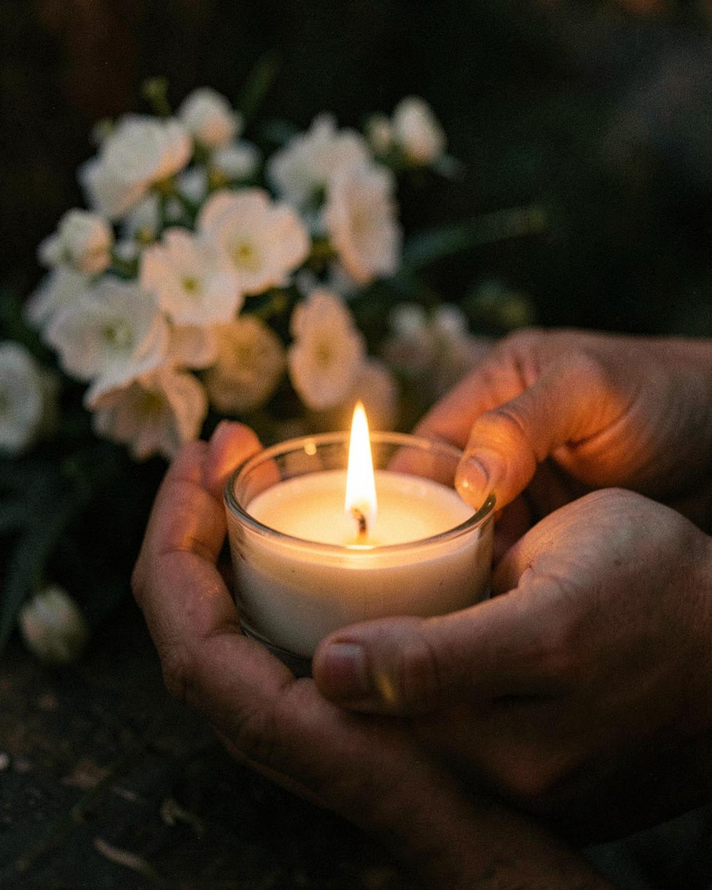 Hands cupping a small lit candle, white flowers nearby