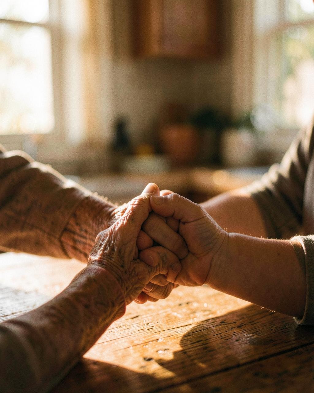 An elderly hand and a child's hand held together across a wooden table