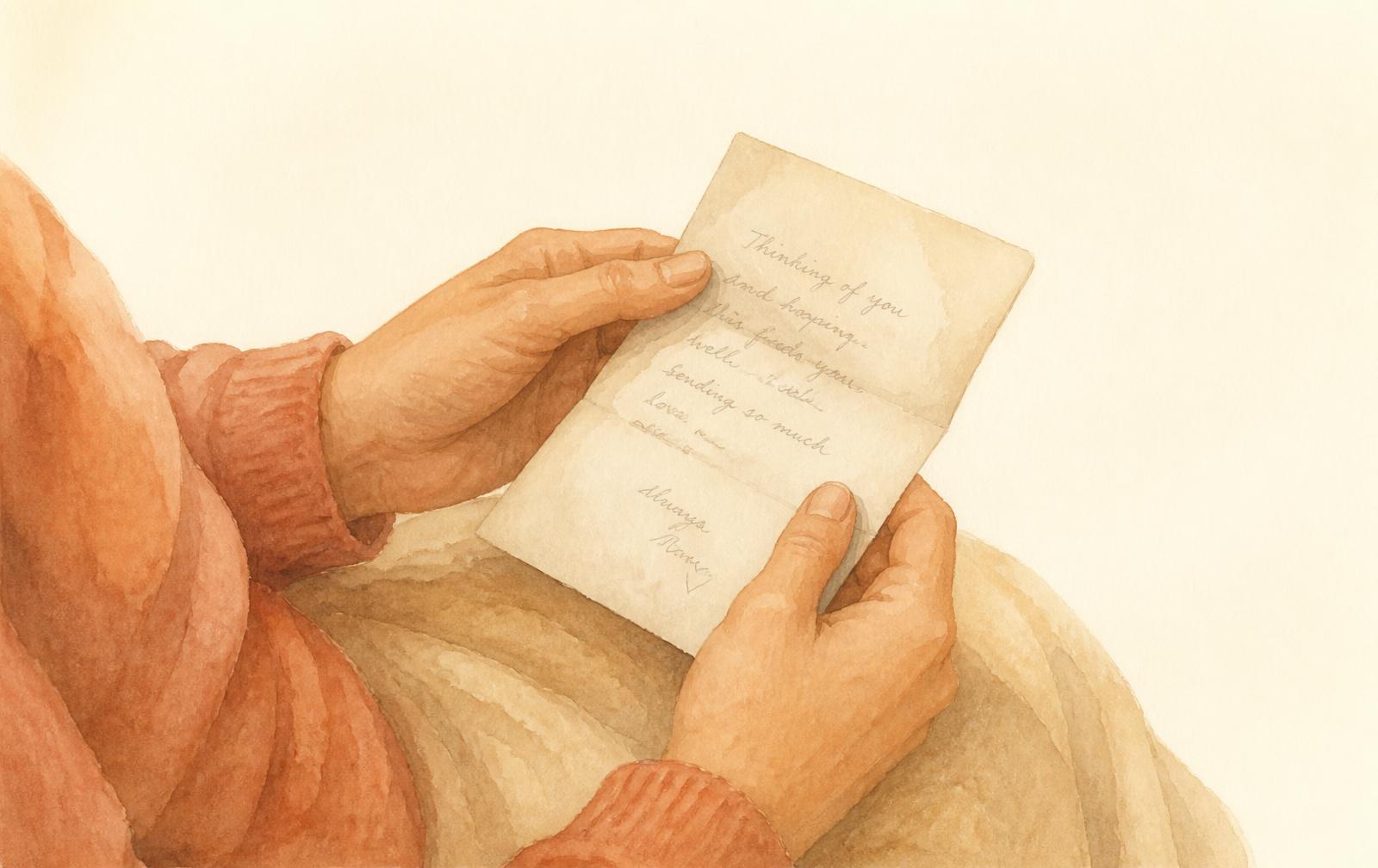 Hands holding a folded letter, reading a memory